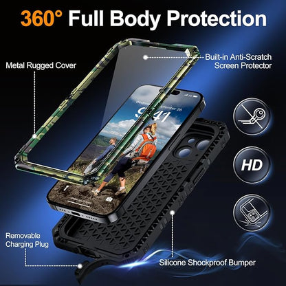 Mitywah Waterproof Case for iPhone 15, Heavy Duty Shockproof Case with Built-in Screen Protector, Full Body Underwater Protective Metal Case 6.1 inch, Camouflage