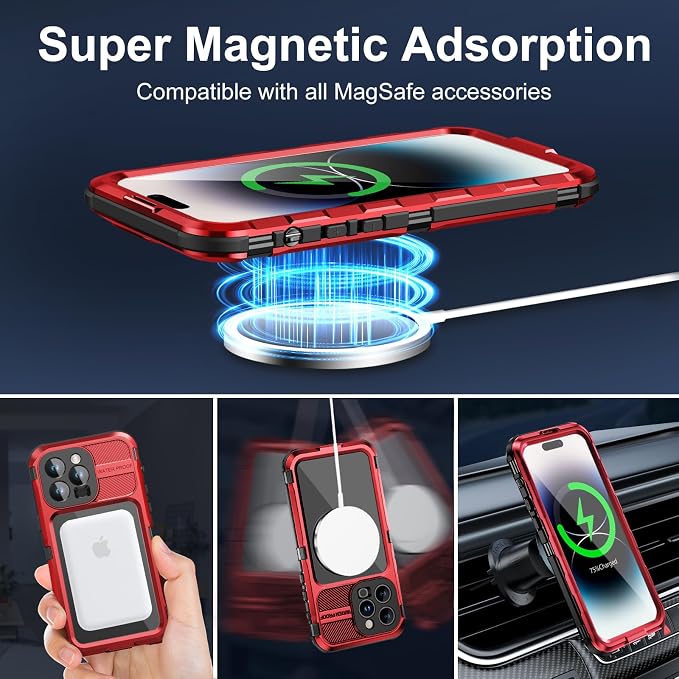 WIFORT for iPhone 14 Pro Waterproof Case - Metal Heavy Duty Full Body Protective Cover Built-in Screen Protector, IP68 Water Proof Military Grade Shockproof Rugged Drop Defender Phone case 6.1" Red