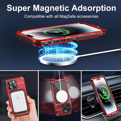 WIFORT for iPhone 14 Pro Waterproof Case - Metal Heavy Duty Full Body Protective Cover Built-in Screen Protector, IP68 Water Proof Military Grade Shockproof Rugged Drop Defender Phone case 6.1" Red