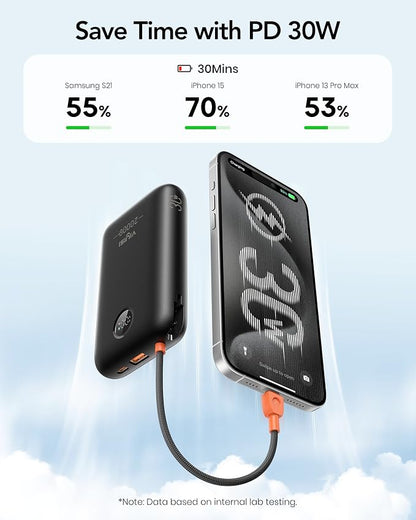 VIYISI Portable Charger 20000mAh 30W Fast Charging with Built-in Cables | USB C & Lighting Cables, LED Display Battery Pack, Compatible with iPhone 17 16 15 14 Pro Max, iPad, Samsung, Travel