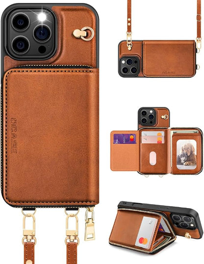 OCASE Compatible with iPhone 16 Pro Max Crossbody Wallet Case with Card Holder, PU Leather Zipper Handbag Phone Purse with RFID Blocking Kickstand Wrist Strap Lanyard 6.9 Inch, Brown