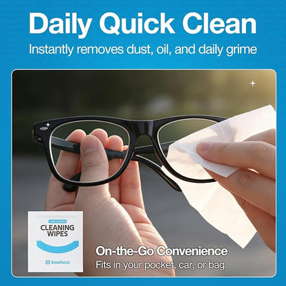 SmoTecQ Lens Wipes for Glasses, 180 Individually Wrapped Eyeglass Cleaning Wipes with 2 Microfiber Cloths for a Streak-Free Finish, Safe for Coated Lenses, Screens & Camera Lenses
