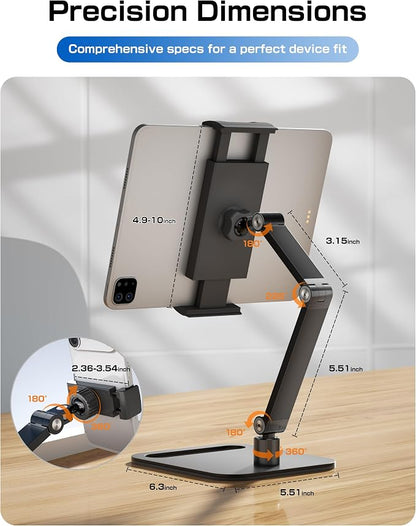 Tablet Stand Holder for iPad, Portable Monitor Stand Holder 15.6'',16'', Aluminum Alloy Foldable Arm Mount with 360° Swivel Desk Mount Compatible with 4.7-16inch Tablet, Cell Phone (Black)