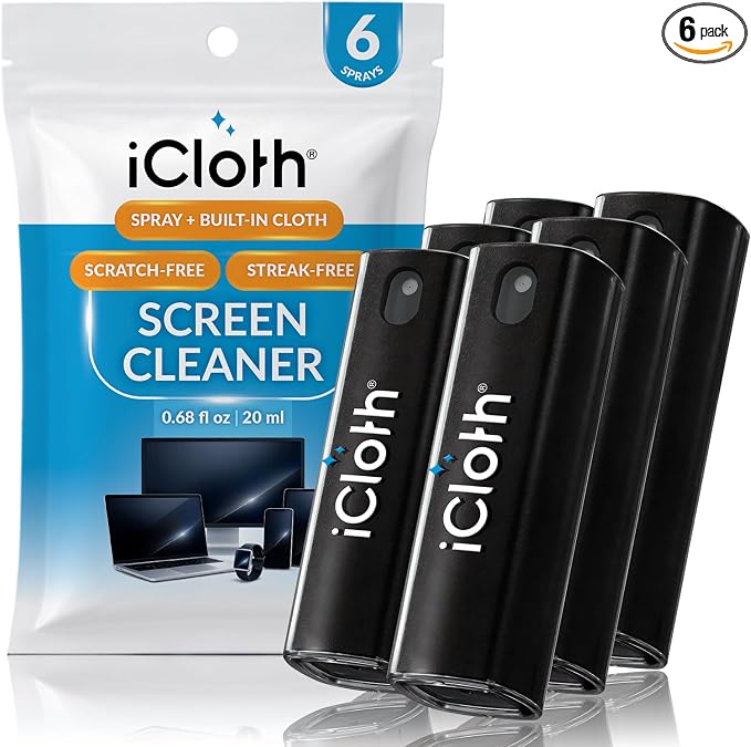 6X iCloth 2-in-1 Screen Cleaner Spray & Microfiber Cloth for Laptops, Tablets, Phones, Car Screens & Touchscreens, Streak-Free & Anti-Smudge, Large 0.68 fl oz (20ml) Bottles for Family Use