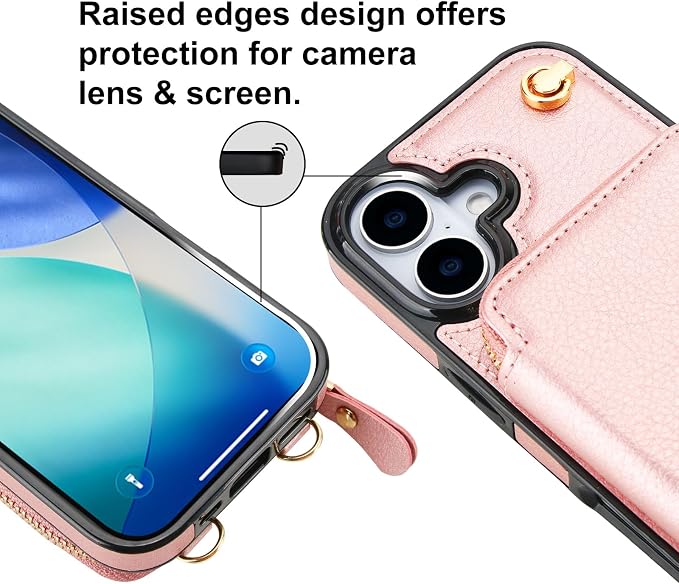 Bocasal Crossbody Wallet Case for iPhone 17, RFID Blocking Leather Purse Case with Card Holder, Protective Handbag Flip Cover with Zipper Wrist Strap Lanyard for Women 5G 6.3 Inch (Rose Gold)