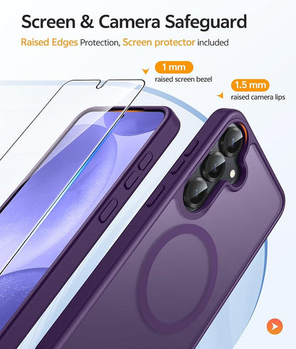 FNTCASE for Samsung Galaxy S25/S24 Case, Fit for Magsafe, Screen Protector | Translucent Matte Magnetic Back, 14FT Military Grade Drop Protection, Shockproof Protective Phone Cover, Purple