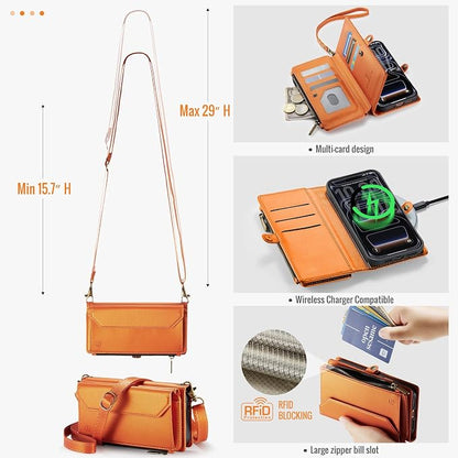 Strapurs Wallet Case Compatible with iPhone 17 Pro 6.3" RFID Blocking 9-Card Holder Soft PU Leather Magnetic Snap Shoulder Strap Zipper Pocket Phone Case Fit for iPhone 17 Pro for Women - Orange