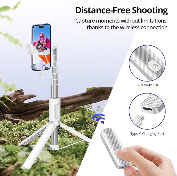 ATUMTEK 68.5" Selfie Stick Tripod, Extendable Aluminum Tripod with Rechargeable Bluetooth Remote, Compatible with iPhone and Android Smartphones, Perfect for Travel, Vlog, Video and Photo, White
