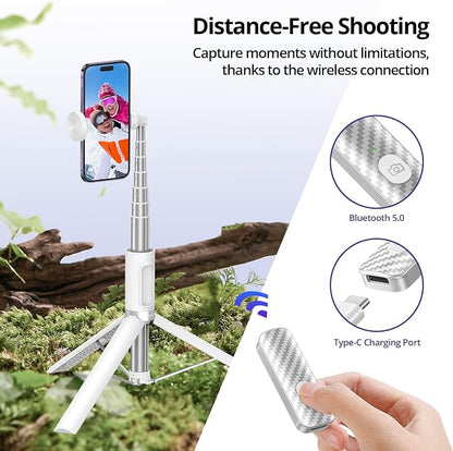 ATUMTEK 68.5" Selfie Stick Tripod, Extendable Aluminum Tripod with Rechargeable Bluetooth Remote, Compatible with iPhone and Android Smartphones, Perfect for Travel, Vlog, Video and Photo, White