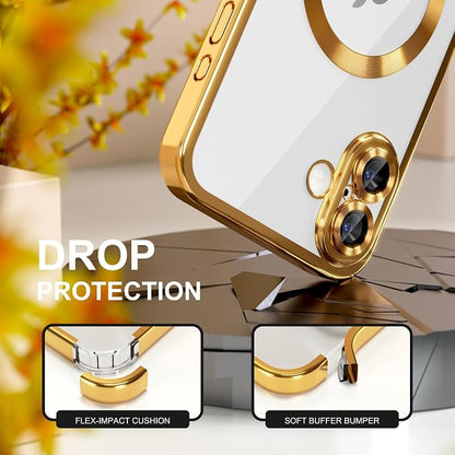 Misea Magnetic for iPhone 17 Case Compatible with MagSafe [Never Yellowing] [Military Grade Drop Protection] Full Camera Lens Protector Plating Soft Clear Phone Case for Women, Gold