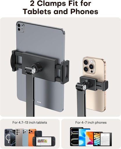 OMOTON Adjustable Tablet Stand for iPad, Desk Phone Holder for Bed with 2 Clamps, Flexible Aluminum Alloy Mount with 360° Rotation for 4-13" Devices (Black)
