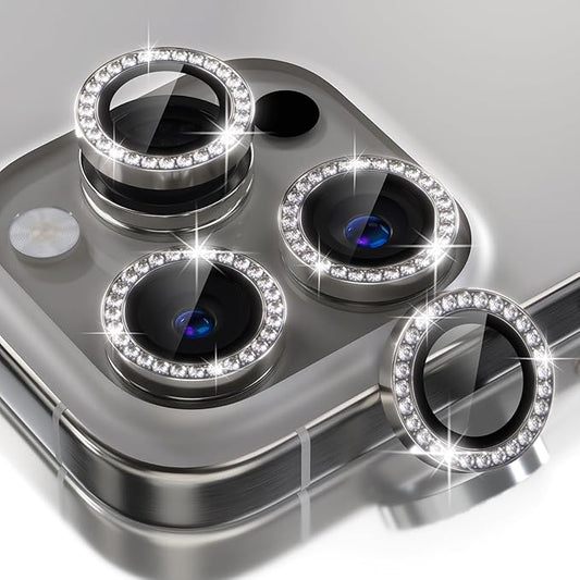 Choiche Compatible for iPhone 16 Pro/iPhone 16 Pro Max Camera Lens Protector Bling, 9H Tempered Glass Camera Cover Screen Protector Metal Ring Decoration Accessories (Diamond-Titanium Natural)