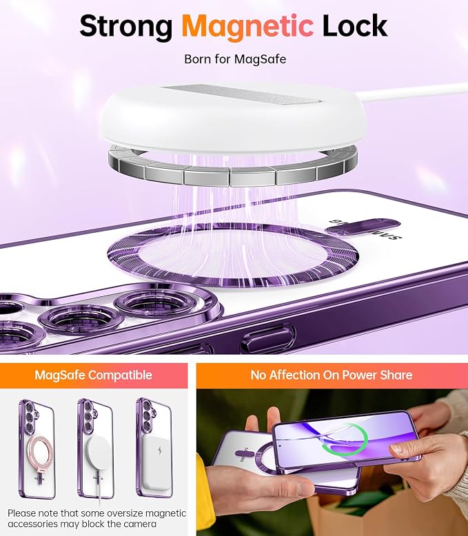Meifigno Case Designed for Samsung Galaxy S25 6.2 inch, [Compatible with MagSafe] [2X HD Screen Protectors] [Glitter Card & Wrist Strap] Surround Lens Protection Case for Samsung Galaxy S25, Purple
