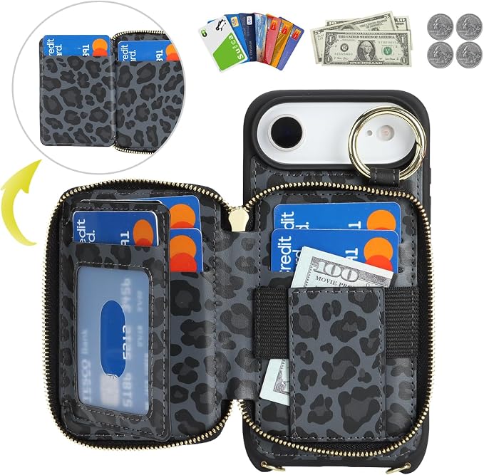 Crossbody Wallet Case for iPhone Air, PU Leather Zipper Handbag Purse Flip Cover, Kickstand Folio Case with Card Slots Holder Wrist Strap Lanyard 5G 6.5 Inch-Black Leopard