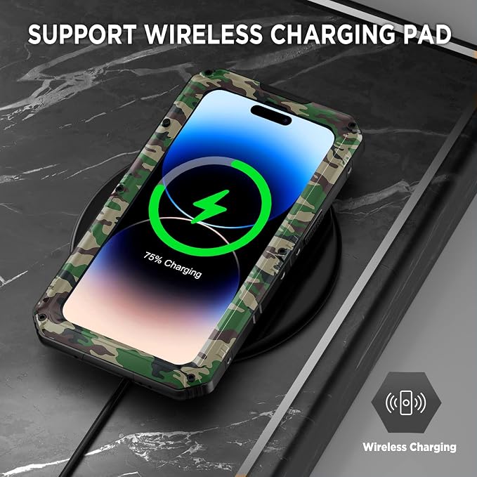 Beasyjoy Waterproof Case for iPhone 14 Pro, Metal Full Body Sealed Phone Case with Built-in Screen Protector, Military Grade Heavy Duty Defender Armor Shockproof Rugged Case 6.1 Inch, Camo