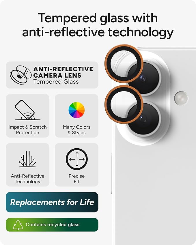 ZAGG iPhone Camera Lens Protector for iPhone 17/16/ 16 Plus - Orange, Camera Ring, Maximum Impact & Scratch Protection, Anti-Reflective Technology, Smudge-Resistant, Precise Fit, Glass Elite