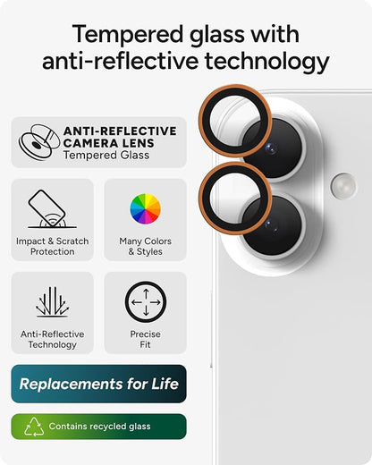 ZAGG iPhone Camera Lens Protector for iPhone 17/16/ 16 Plus - Orange, Camera Ring, Maximum Impact & Scratch Protection, Anti-Reflective Technology, Smudge-Resistant, Precise Fit, Glass Elite