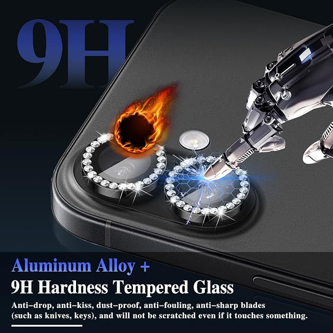 ShinKin Camera Lens Protector for iPhone 17, Glitter Camera Cover, 9H Tempered Glass Individual Metal Ring Camera Protector for iPhone 17 (Diamond - Black)