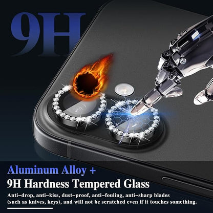 ShinKin Camera Lens Protector for iPhone 17, Glitter Camera Cover, 9H Tempered Glass Individual Metal Ring Camera Protector for iPhone 17 (Diamond - Black)