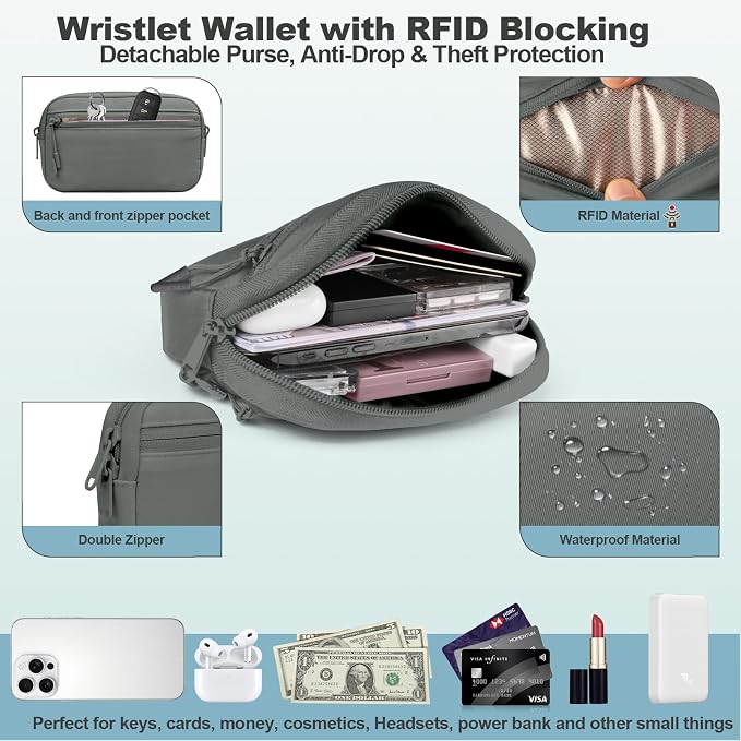 YFWE Clip and Go Strap for Phone with Wallet Crossbody, Adjustable Phone Lanyard with Detachable RFID Wristlet Wallet, Pattern Strap - Grey(L)