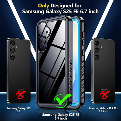 SPIDERCASE Designed for Samsung Galaxy S25 FE Case Waterproof,Built-in Screen & Camera Lens Protector[IP68 Underwater][Military Grade Shockproof] Full Body Protection Phone Case, Blue/Clear
