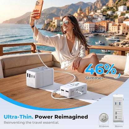 Aura 45W Ultra-Slim International Travel Adapter, 36mm Pocket-Sized 6-in-1 Universal Power Plug, PD & QC 3.0 Fast Charging Essentials for UK Europe Australia USA, 200+ Countries (Arctic White)