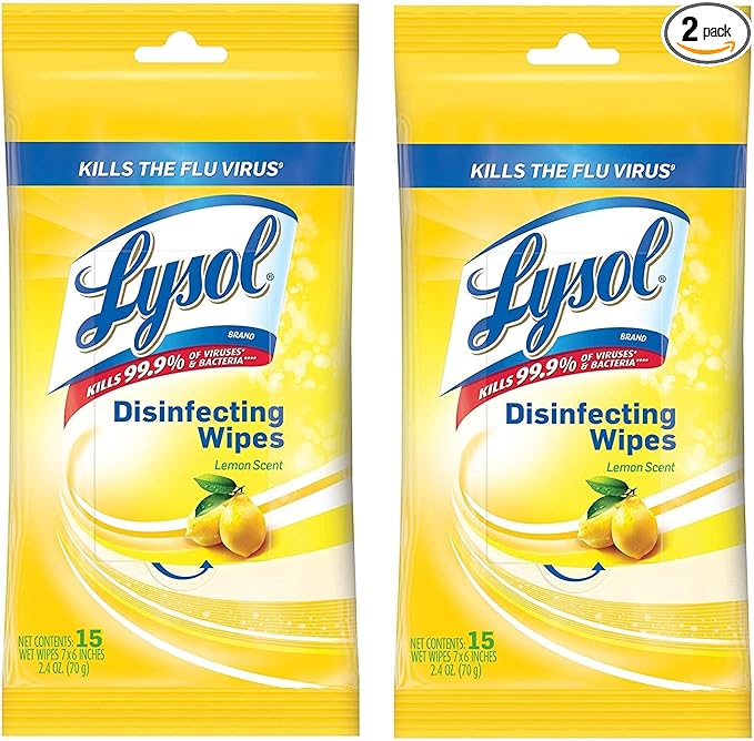 Lysol Disinfecting Wipes To-Go Pack, Lemon Scent, 15 Count (Pack of 2)