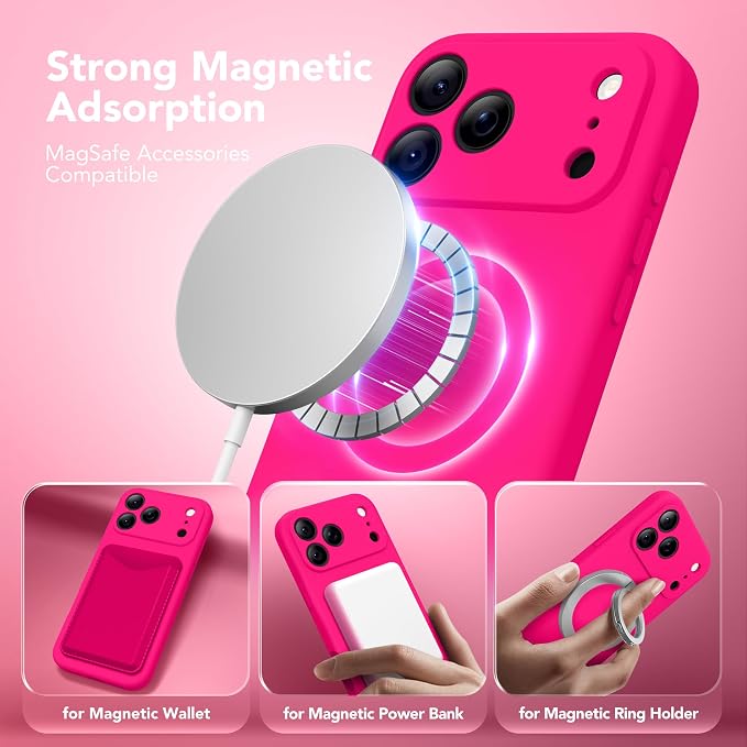 Magnetic for iPhone 17 Pro Case, Compatible with MagSafe, [Full Camera Protection][Screen Protector] Silicone Shockproof Protective Phone Case for iPhone 17 Pro 6.3", Hot Pink
