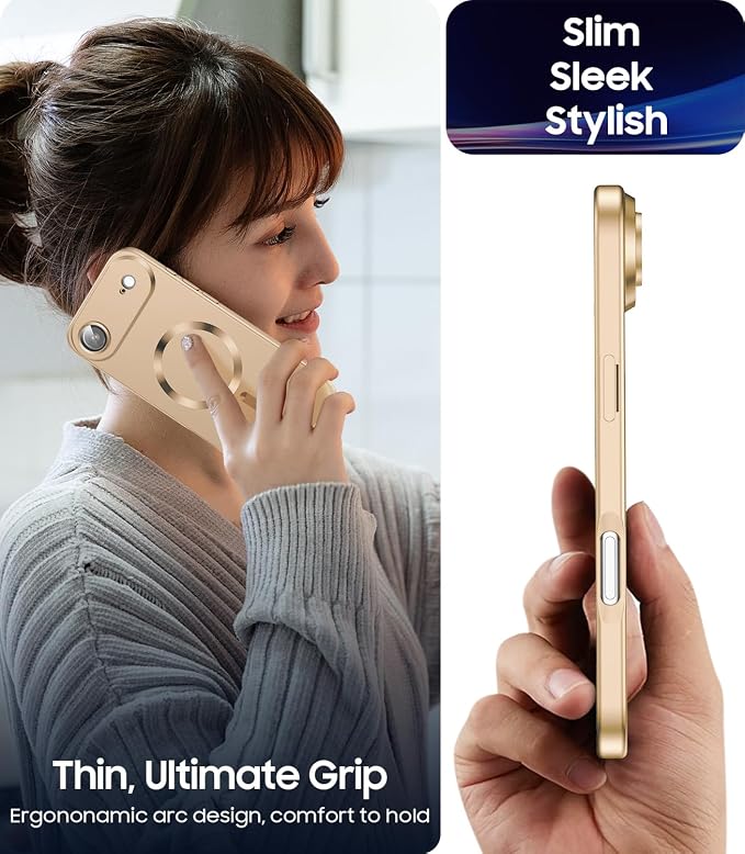 Magnetic for iPhone Air Case, Compatible with MagSafe, Built-in Camera Lens Protector, Slim Thin Soft Silicone Bumper Shockproof Metallic Luster Phone Case for iPhone 17 Air (Gold)