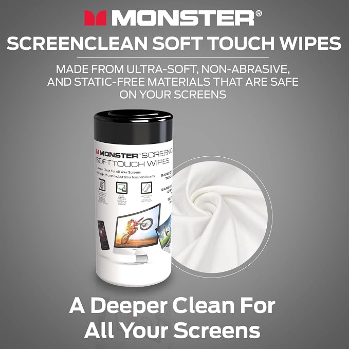 Monster Screen Cleaner Kit, 60 mL, Microfiber Cloth, White/Black/Red, Water Resistant, for TVs, Laptops, Tablets, Smartphones, Car Touch Screens, Eyeglasses