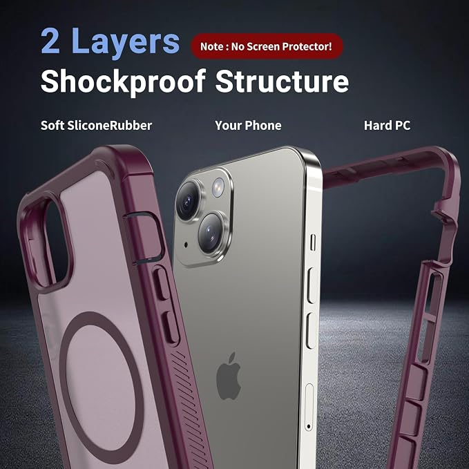 jaroco Magnetic for iPhone 14 Case, [Compatible with MagSafe][Military Grade Drop Protection][Heavy Duty Protection][Non-Slip][Shockproof] 2-Layer Durable Bumper Phone Case 6.1''-Wine Red