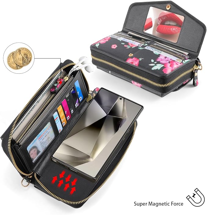 LITOU Compatible for Samsung Galaxy S26 Crossbody Phone Case,Detachable Magnetic,Card Holder,Zipper Leather Wallet Wrist Lanyard Strap Case for Women Men.BlackFlower