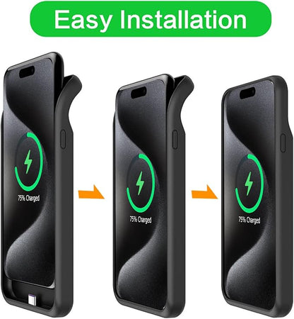 Battery Case for iPhone 15 Pro Max,12000mAh Rechargeable Portable Charging Case with Wireless Charging Compatible for iPhone 15 Pro Max (6.7 inch) with Carplay Extend Battery Pack Charger Case (Black)
