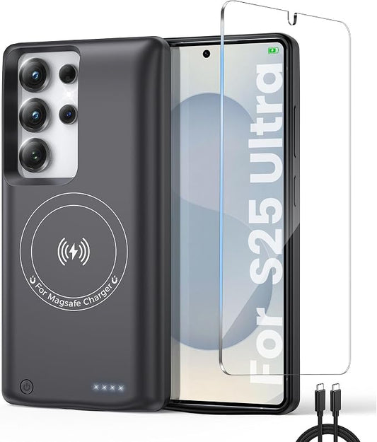 Battery Case for Samsung Galaxy S25 Ultra Charging Phone case,Real 10000mAh Portable Power Bank with Magnetic Wireless Charging,Protective Charger Phone case with Battery Pack Black