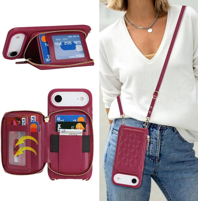 Crossbody Wallet Case for iPhone Air, PU Leather Zipper Handbag Purse Flip Cover, Kickstand Folio Case with Card Slots Holder Wrist Strap Lanyard 5G 6.5 Inch-Dark red