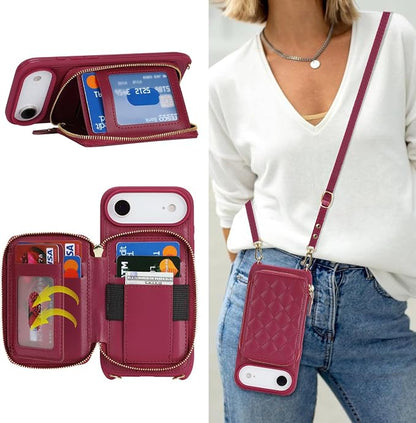 Crossbody Wallet Case for iPhone Air, PU Leather Zipper Handbag Purse Flip Cover, Kickstand Folio Case with Card Slots Holder Wrist Strap Lanyard 5G 6.5 Inch-Dark red