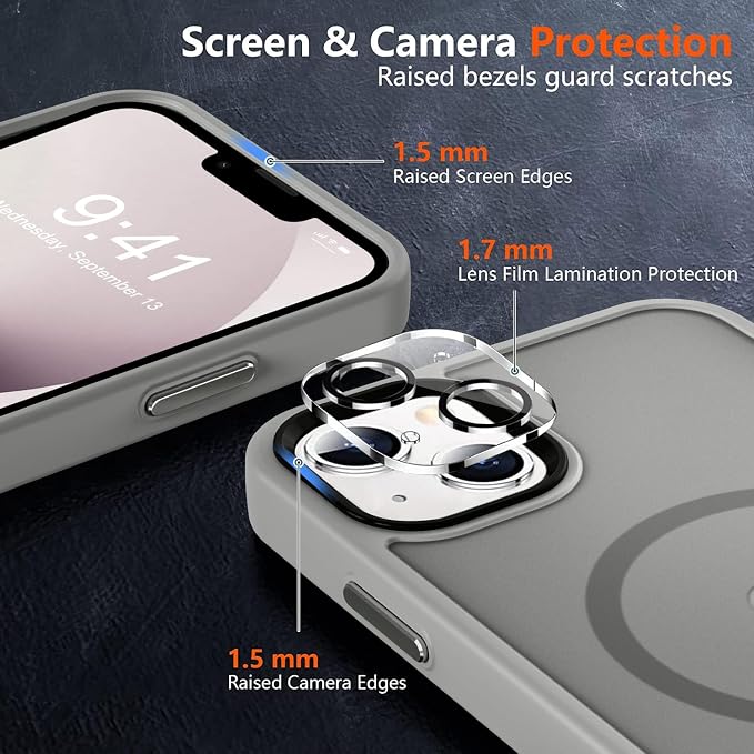 MOCCA Strong Magnetic for iPhone 13 Case, [Compatible with Magsafe][Screen Protector+Camera Lens Protector] Translucent Matte Back Slim Shockproof Case for iPhone 13 Phone Case 6.1", Titanium Gray