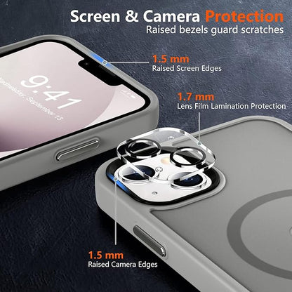 MOCCA Strong Magnetic for iPhone 13 Case, [Compatible with Magsafe][Screen Protector+Camera Lens Protector] Translucent Matte Back Slim Shockproof Case for iPhone 13 Phone Case 6.1", Titanium Gray