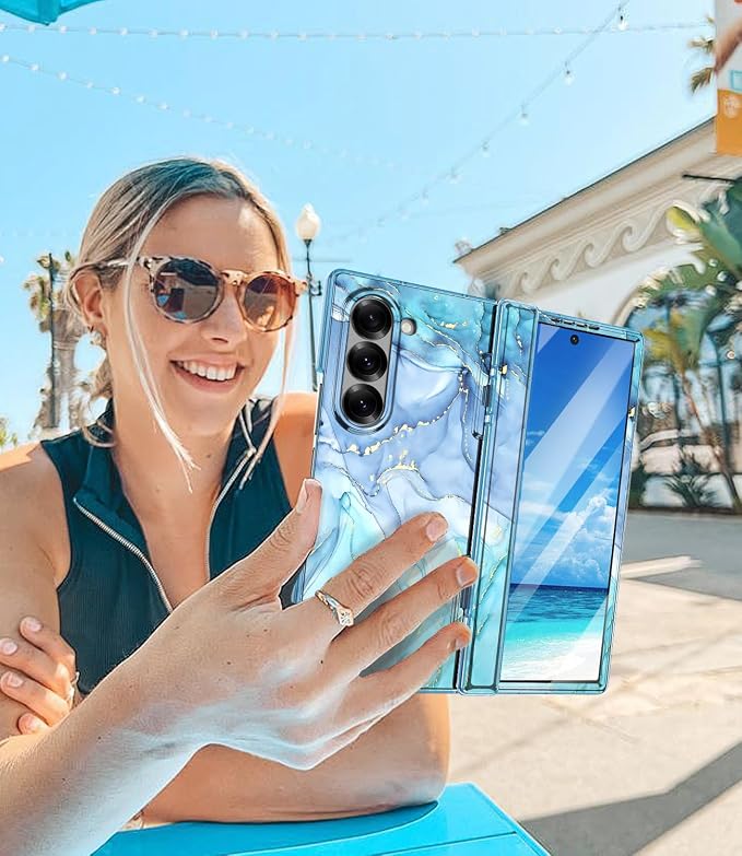 Btscase for Samsung Galaxy Z Fold 6 Case,Built in Front Screen Protector,Gold Glitter Marble Pattern Hard PC Slim Shockproof Full Body Drop Protective Case for Galaxy Z Fold 6 5G, Blue Cyan