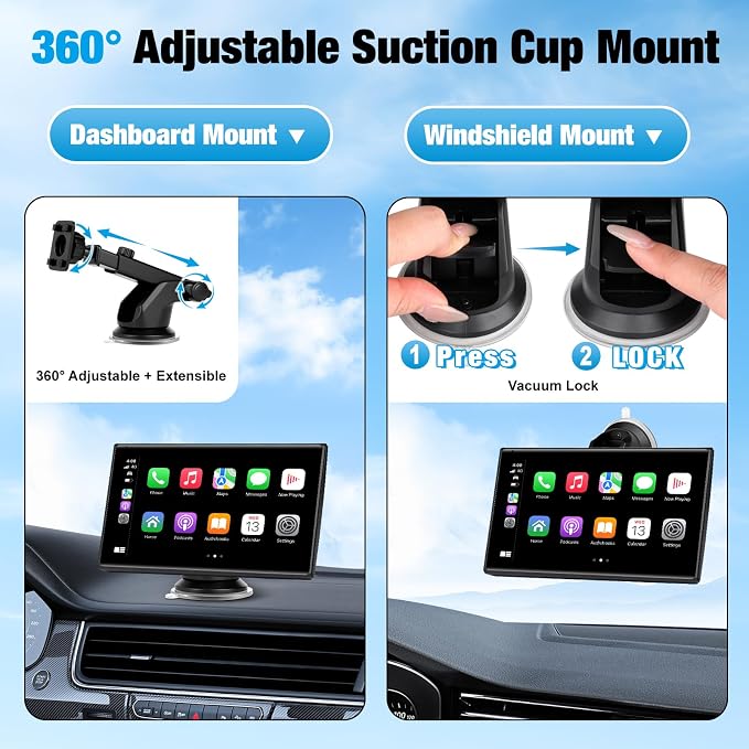 7 inch Carplay Screen for Car - Supports Wireless Apple Carplay & Android Auto, Portable Touchscreen with Bluetooth, Navigation, Voice Control, Mirror Link,Universal for All Cars (Black)