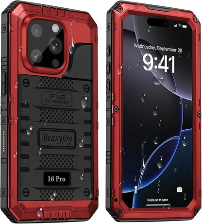 Beasyjoy for iPhone 16 Pro Case Waterproof, Metal Heavy Duty Full Body Protective Case with Built-in Screen Protector, Military Grade Shockproof Dustproof Defender Cover for iPhone 16 Pro 6.3", Red