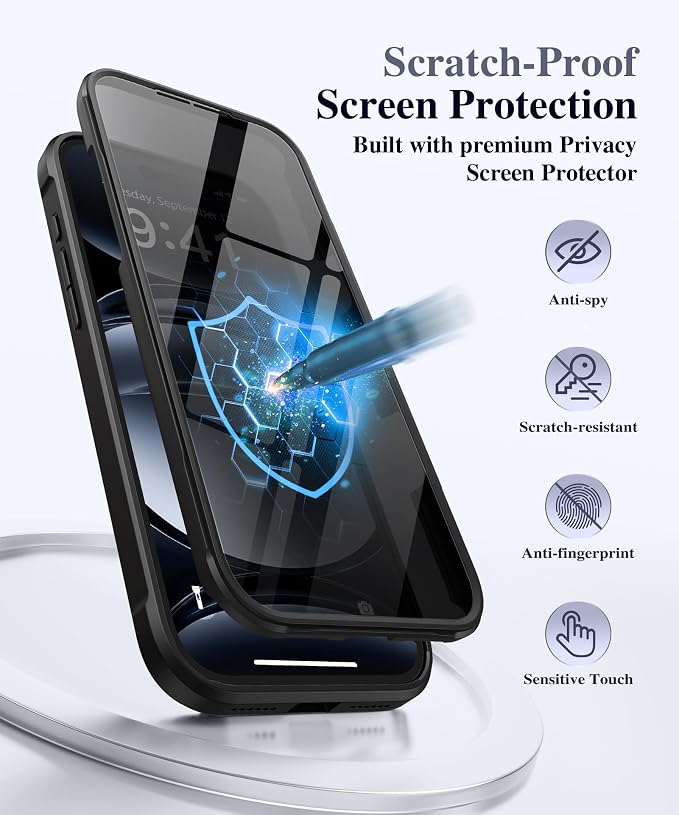 BERFY for iPhone 17 Pro Case, Compatible with MagSafe, Built in Privacy Screen Protector, Shockproof Full Body Phone Case for 17 Pro with Magnetic Stand, Clear Black
