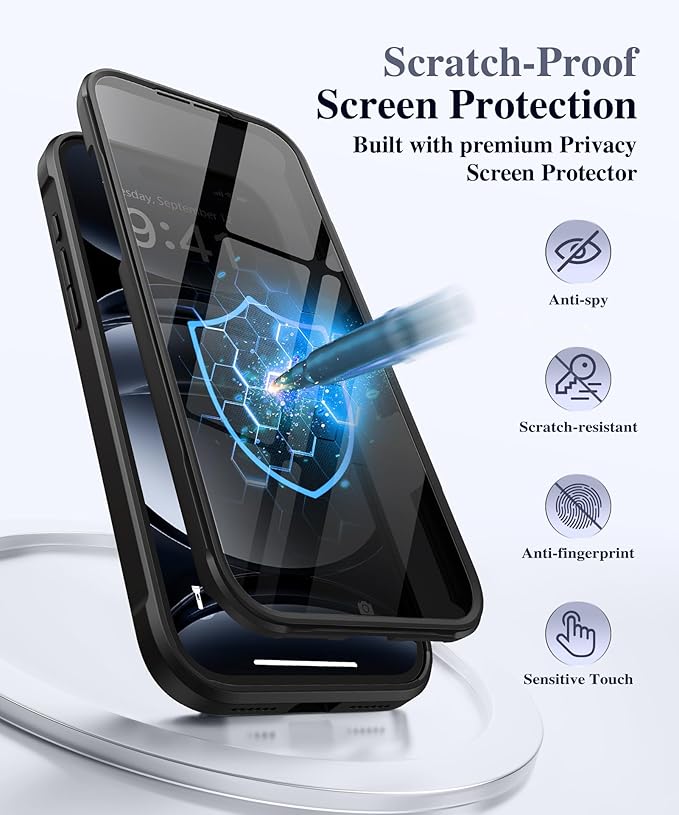 BERFY for iPhone 17 Pro Max Case, Compatible with MagSafe, Built in Privacy Screen Protector, Shockproof Full Body Phone Case for 17 Pro Max with Magnetic Stand, Clear Black