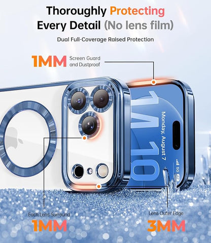 Meifigno Magnetic Case Designed for iPhone 17 Pro Max with Removable Phone Ring Stand, Glitter Card & Wrist Strap, Compatible with MagSafe, Built in Mirror, Phone Ring Holder + Case Kit, Blue