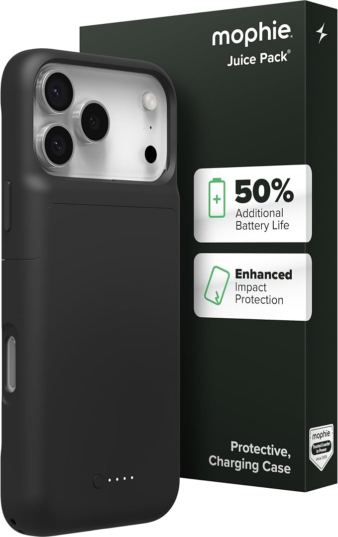 Mophie Juice Pack Battery Case for iPhone 17 Pro Max - Slim Charging Case, Up to 50% Extra Battery Life, High Impact Protection, Magnetic Back for Wallets & Mounts, Sustainable Material, Black
