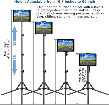 Ipad Tripod Stand, with 65 inch Height Adjustable iPad Stand Holder & iPad Floor Stand with 360° Rotating iPad Tripod Mount for iPad Pro, iPhone, Kindle, and All 4.5-12.9 Inch Tablets