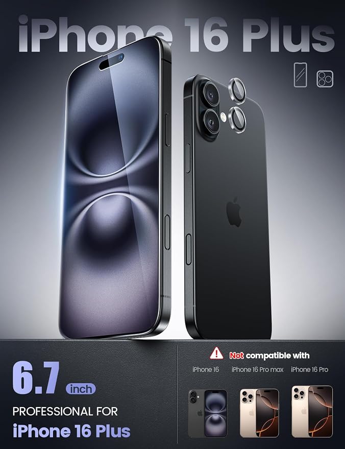 Lamicall 2+2 for iPhone 16 Plus Max Screen Protector (6.7") with Camera Lens Protector, [Top 9H Tempered Glass Film], Easy Alignment, Anti-Scratch, 0 Bubbles, HD Clear for iPhone 16 Plus - 2 Pack Each