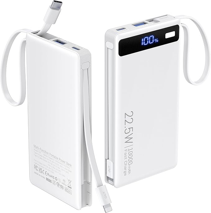 Power Bank with 2 Built-in Cables 10000mAh, 22.5W PD Slim Portable Charger USB C Battery Pack, Travel Essentials Fast Charging Powerbank Compatible with iPhone 17 16 Plus Pro Galaxy iPad White(1 Pack)