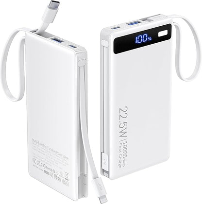 Power Bank with 2 Built-in Cables 10000mAh, 22.5W PD Slim Portable Charger USB C Battery Pack, Travel Essentials Fast Charging Powerbank Compatible with iPhone 17 16 Plus Pro Galaxy iPad White(1 Pack)