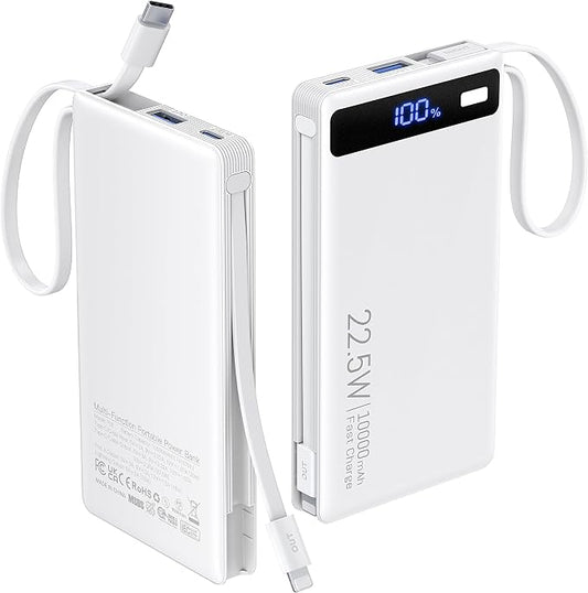Power Bank with 2 Built-in Cables 10000mAh, 22.5W PD Slim Portable Charger USB C Battery Pack, Travel Essentials Fast Charging Powerbank Compatible with iPhone 17 16 Plus Pro Galaxy iPad White(1 Pack)